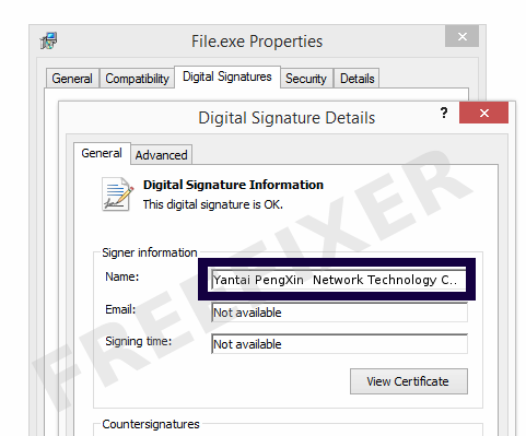 Screenshot of the Yantai PengXin  Network Technology Co.,LTD. certificate